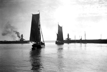 The trawler 'Prospector' (1893) with an unidentified trawler sailing out of the outer harbour. RMG P27508