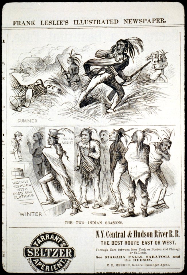 The two Indian seasons (2 illustrations- 1. Summer - showing Indians killing white people; 2. Winter - showing Indians receiving supplies from Indian agent) LCCN2001696519
