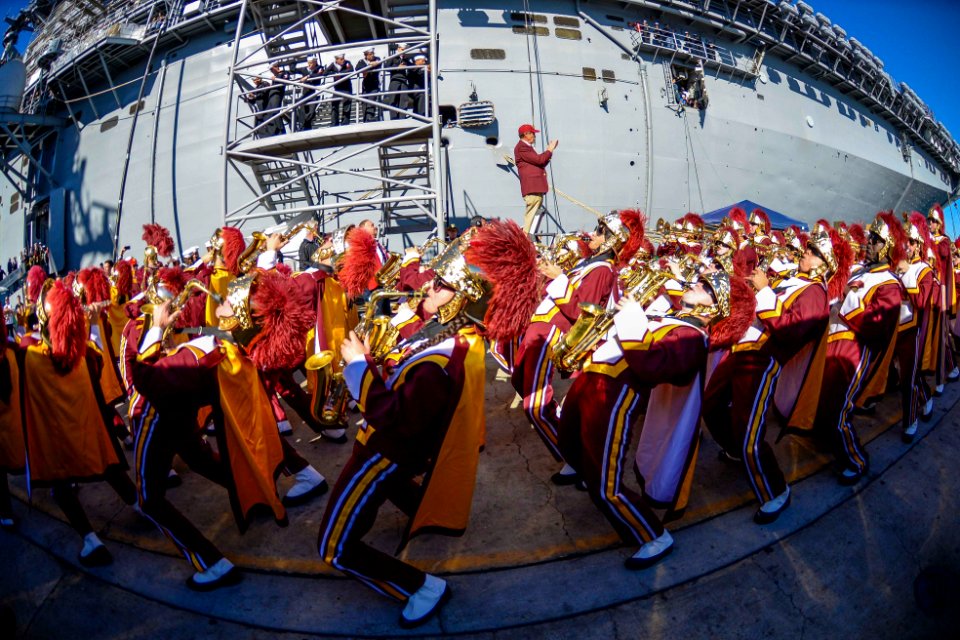 The University of Southern California marching band performs during a Battle of the Bands next to USS Essex. (16136645691)
