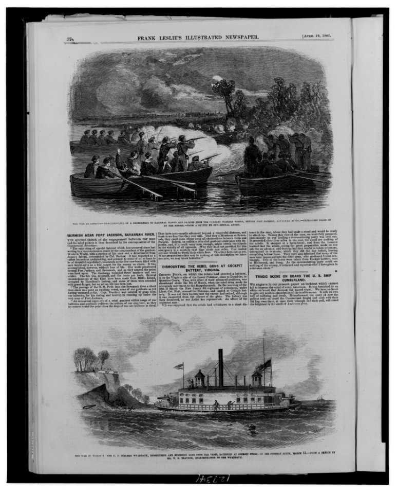 The war in Georgia - Reconnoissance of a detachment of national troops and sailors from the gunboat Western World, beyond Fort Jackson, Savannah River - Expedition fired on by the Rebels - LCCN00652805