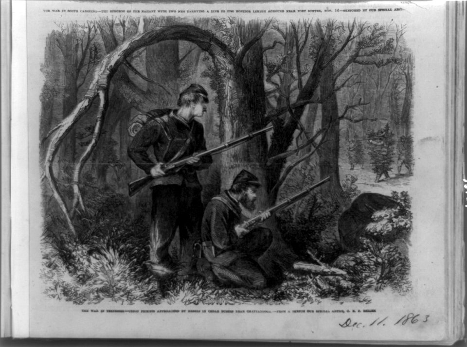 The War in Tennessee-Union pickets approached by Rebels in cedar bushes near Chattanooga - from a sketch by our artist, C.E.F. Hillen. LCCN89706346