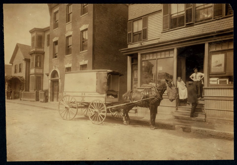 The wagon that delivers Home Work to Somerville, Mass. The owner of the wagon (who is not the driver) is O. H. Brown, 27 Main Street, Reading, Mass. These wagons (about 4 in all) are worked LOC nclc.04224
