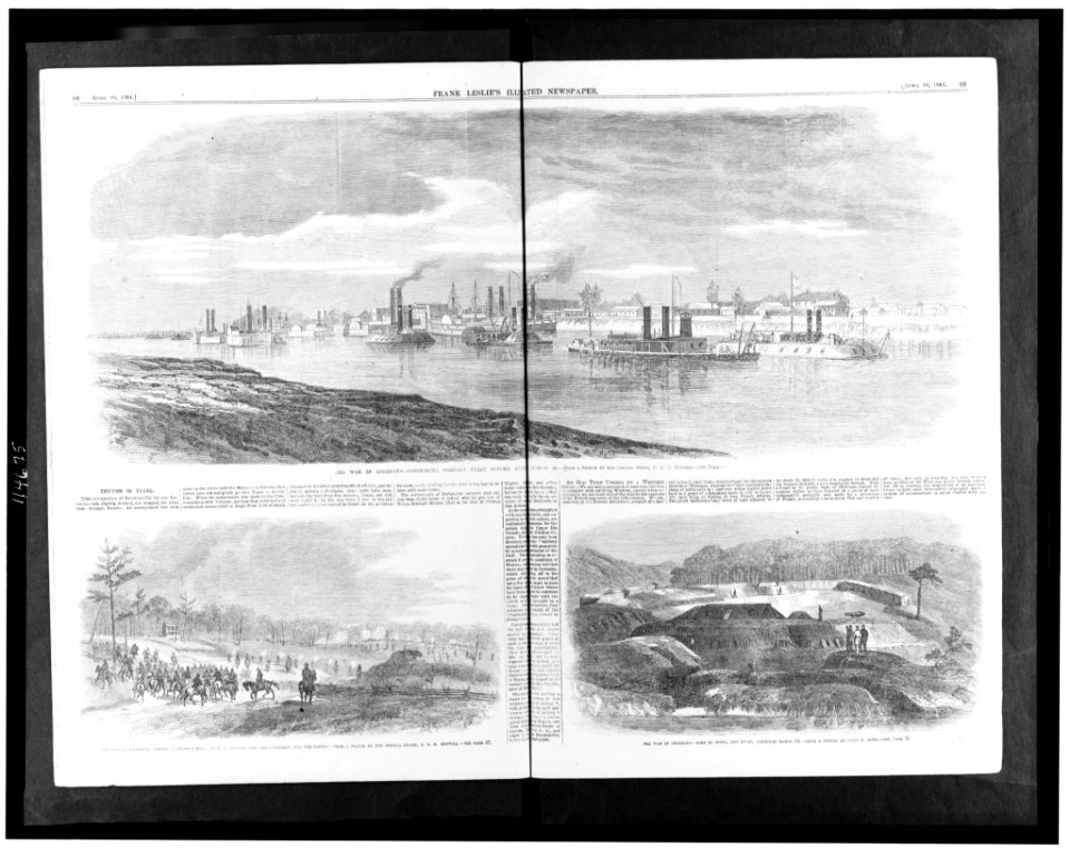 The war in Louisiana-Commodore Porter's fleet before Alexandria, March 26 - from a sketch by our special artist, C.E.H. Bonwill. - The war in Louisiana-Battle of Crump's Hill, April 2, LCCN95511280