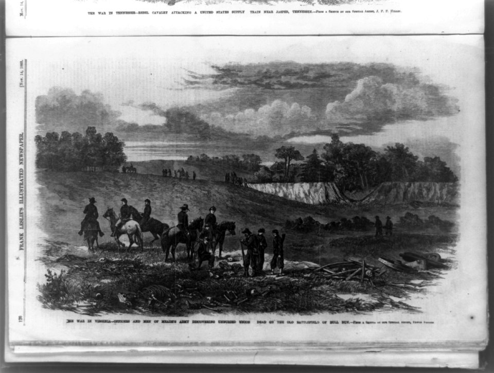 The War in Virginia-officers and men of Meade's army discovering unburied Union dead on the battlefield of Bull Run - from a sketch by our special artist, Edwin Forbes. LCCN92506348