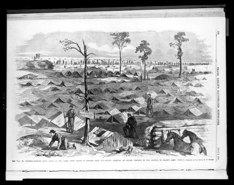 The war in Virginia - Butler's lines south of the James, with troops in position near our centre, awaiting an attack previous to the arrival of Grant's Army, June 3 - sketched by our artist, LCCN2003663109