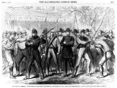 The War in America- Union troops attacking Confederate prisoners in the streets of Washington LCCN2006675901