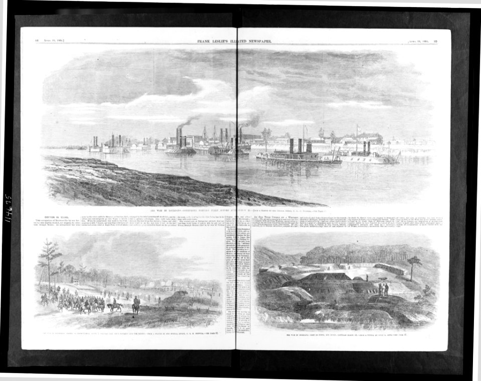 The war in Louisiana-Commodore Porter's fleet before Alexandria, March 26 - from a sketch by our special artist, C.E.H. Bonwill. - The war in Louisiana-Battle of Crump's Hill, April 2, LCCN95511280