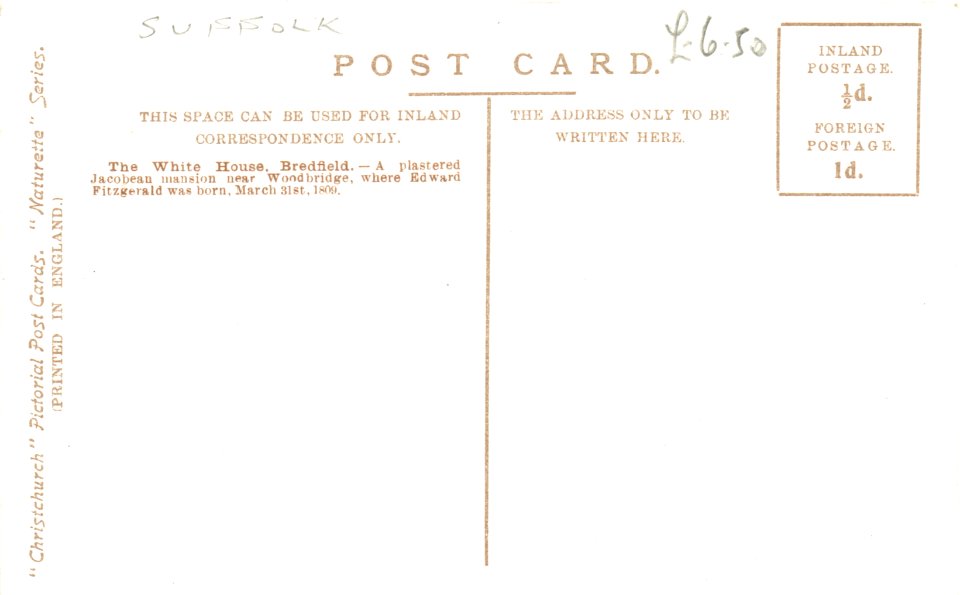 The White House, Bredfield, Suffolk postcard c.1905 text