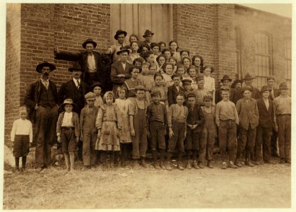 The whole force in Elk Cotton Mills. Tiny boy in white waist on extreme left, 'Just helps his mother,' the superintendent said. Next boy is Leo, with a 'steady job,' see photo 1753. LOC nclc.01900