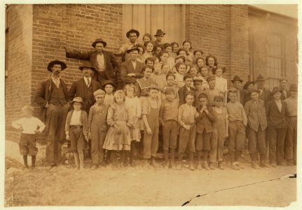 The whole force in Elk Cotton Mills. Tiny boy in white waist on extreme left, 'Just helps his mother,' the Superintendent said. Next boy to him is Leo, with a 'steady job,' see photo 1753. LOC nclc.01901