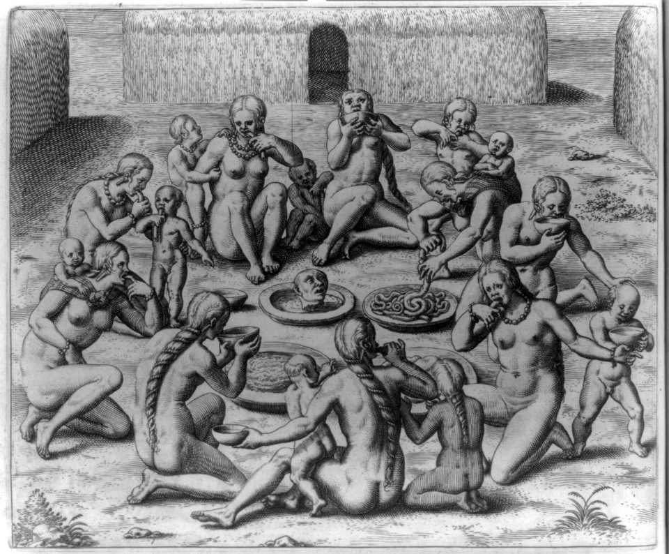 The women and children (nude Indians) eat the intestines of the killed prisoner LCCN2007677261