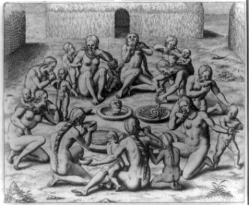 The women and children (nude Indians) eat the intestines of the killed prisoner LCCN2007677261