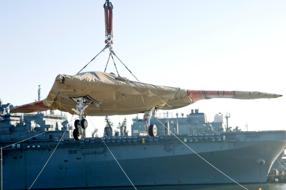 The X-47B Unmanned Combat Air System demonstrator is loaded onto USS Harry S. Truman. (8224464636)