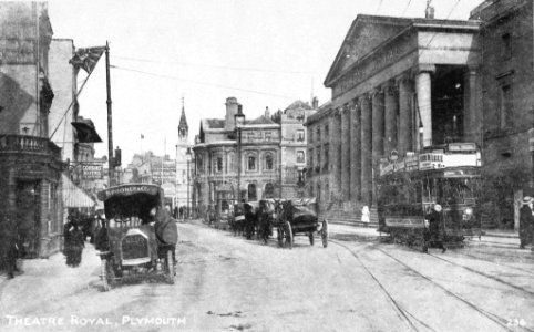 Theatre Royal Plymouth with Spooners truck and Plymouth tram