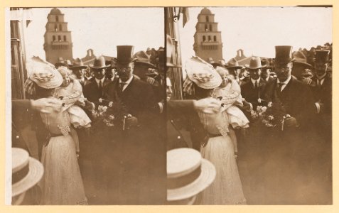 Theodore Roosevelt holding bouquet at an unidentified event, a woman and child stand to the left of the picture, a group of men appear behind him LCCN2013651312