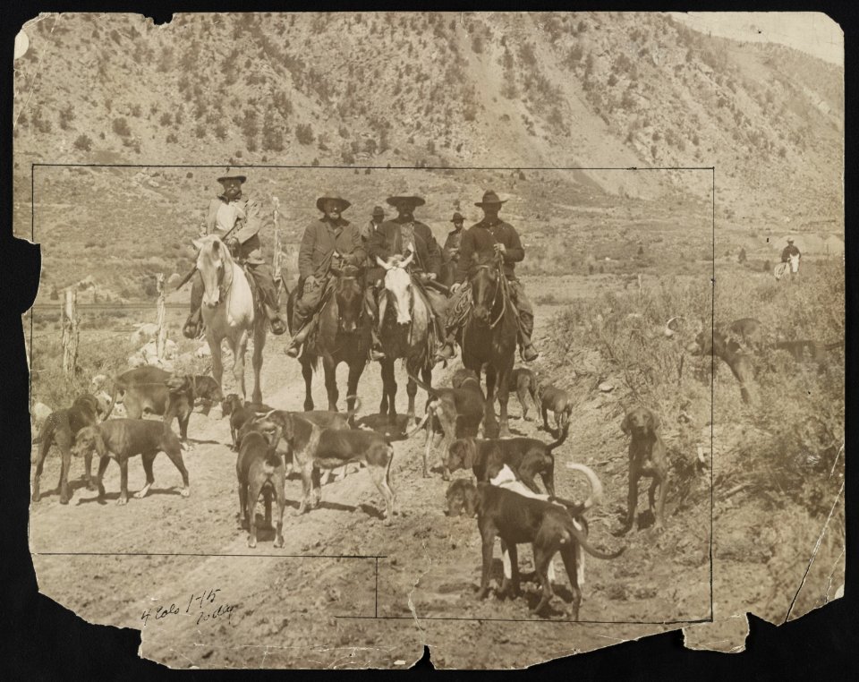 Theodore Roosevelt and other men on horseback with a pack of hunting dogs LCCN2013651383