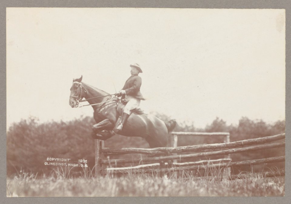Theodore Roosevelt on horseback jumping over a split rail fence LCCN2013649648