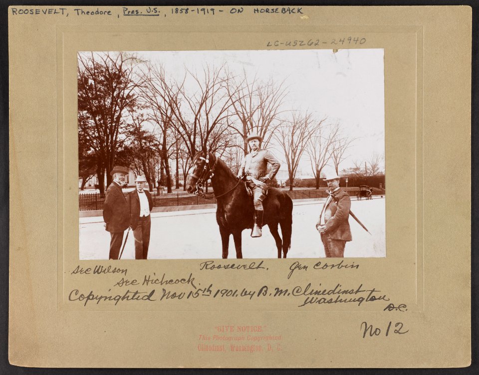 Theodore Roosevelt on horseback with Secretary of Agriculture Wilson, Secretary of Interior Hitchcock, and General Corbin LCCN2010645455