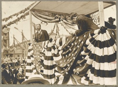 Theodore Roosevelt standing on a platform during his homecoming reception in New York City after his trip abroad LCCN2013651306