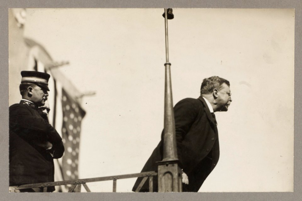 Theodore Roosevelt speaking on a raised platform, leaning forward toward the audience LCCN2009633782
