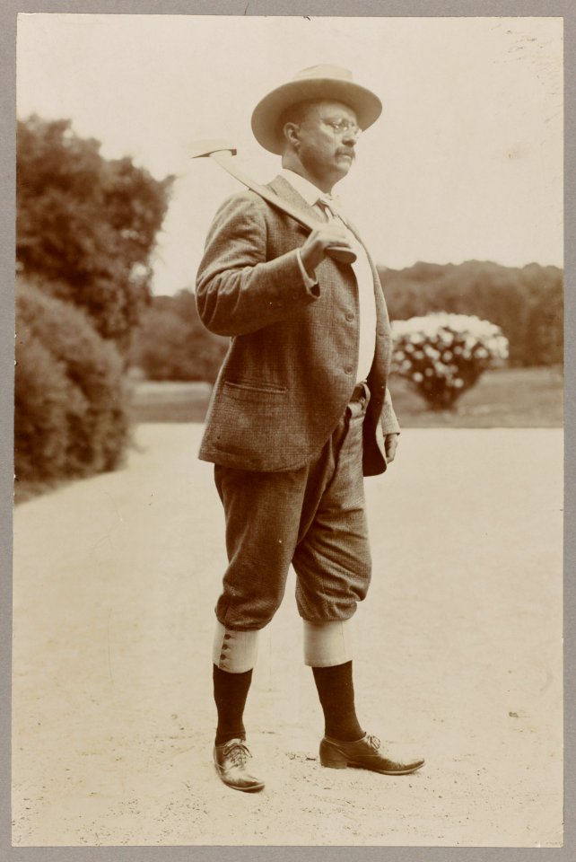 Theodore Roosevelt wearing knickerbockers and carrying an axe on his shoulder LCCN2009633171