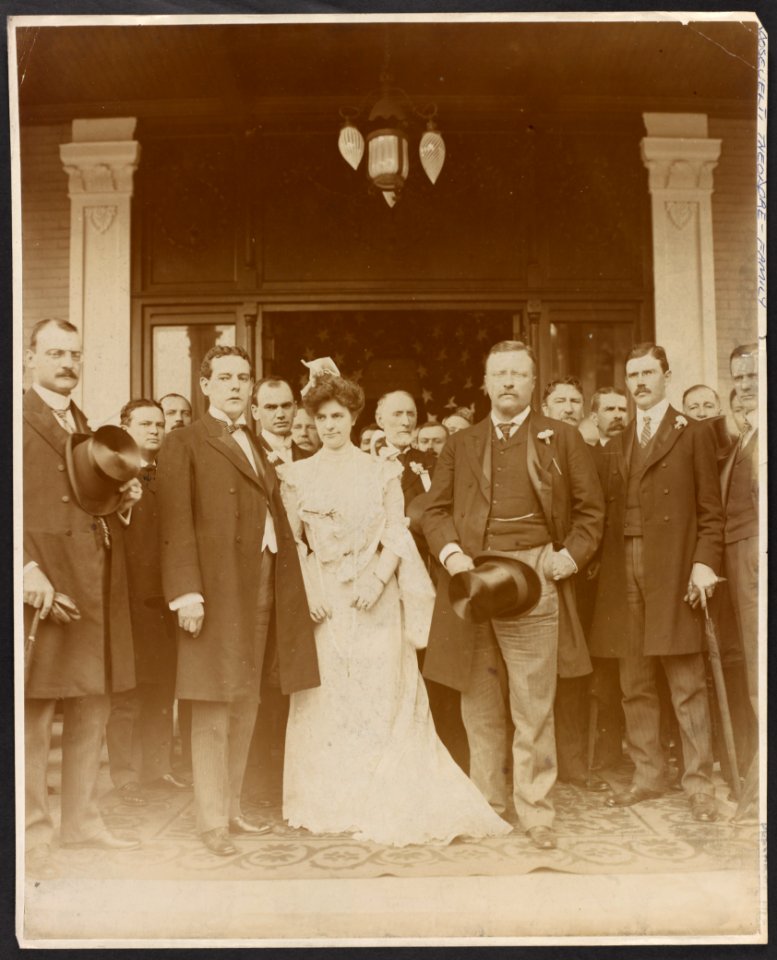 Theodore Roosevelt with cabinet members, other men, and a woman, possibly a bride LCCN2009631513