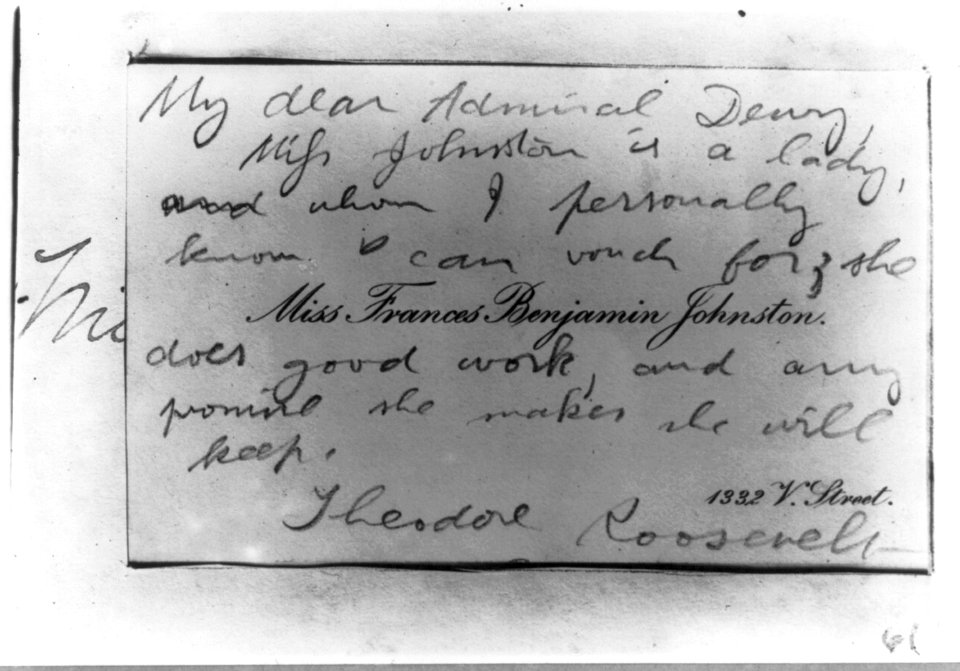 Theodore Roosevelt's card of introduction recommending Frances Benjamin Johnston as a photographer to Admiral George Dewey, 1899 LCCN2010645545