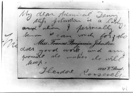 Theodore Roosevelt's card of introduction recommending Frances Benjamin Johnston as a photographer to Admiral George Dewey, 1899 LCCN2010645545
