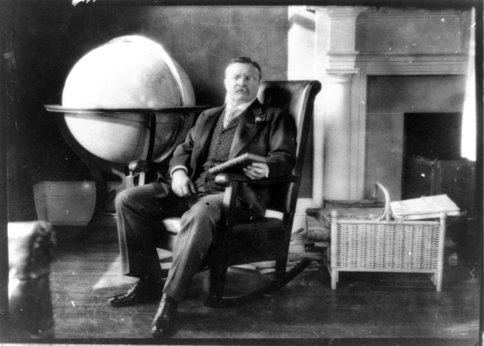 Theodore Roosevelt, full-length portrait, seated by globe and mantle, facing slightly right, holding book LCCN93513287