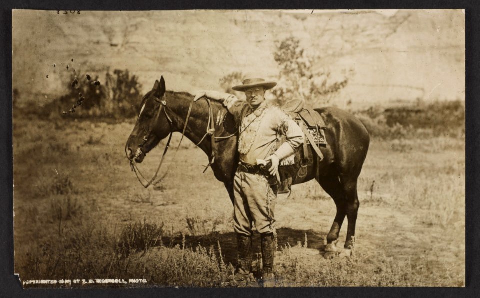 Theodore Roosevelt, full-length portrait, standing alongside horse, facing left; wearing cowboy outfit LCCN96512875