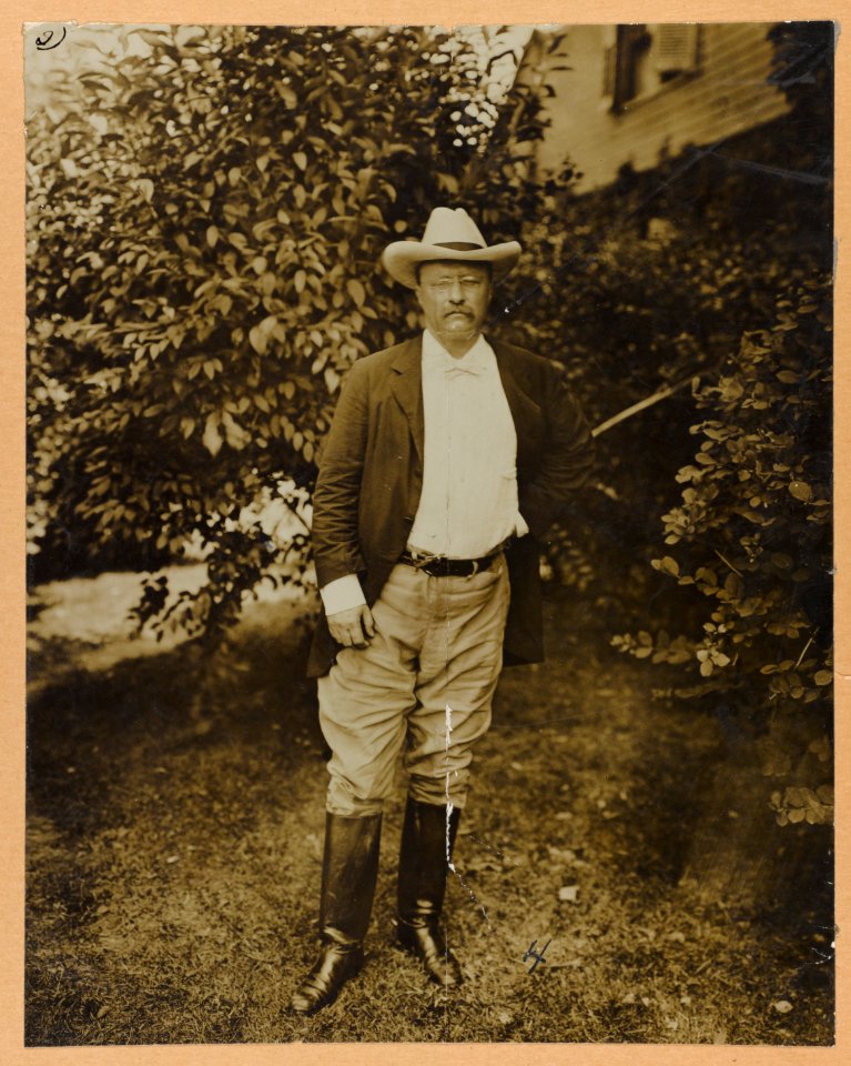 Theodore Roosevelt, full-length portrait, standing in yard, facing front LCCN2013647436