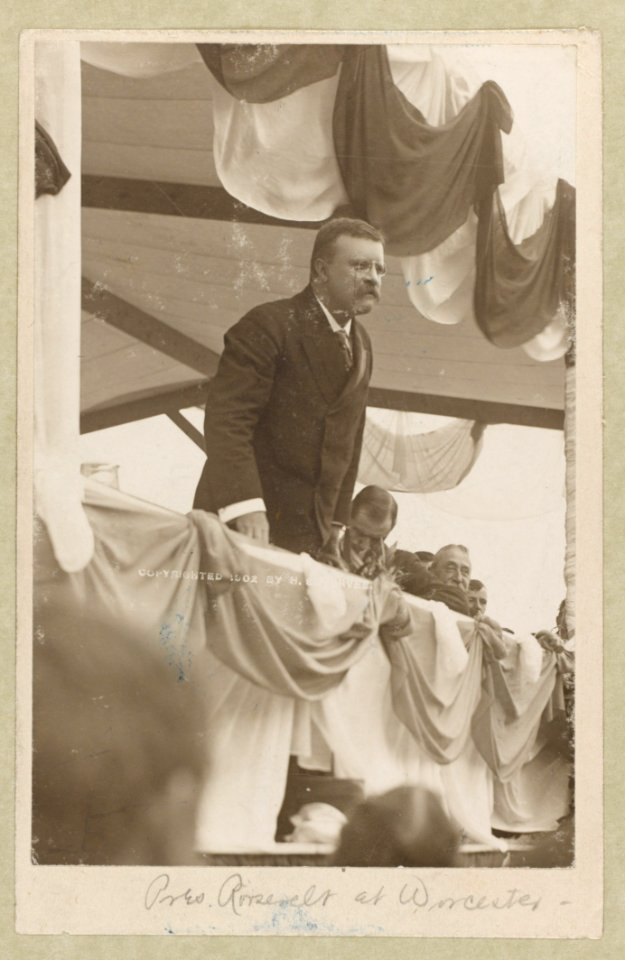 Theodore Roosevelt, half-length portrait, standing, facing right, making speech at Worcester, Mass. LCCN93510646