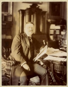 Theodore Roosevelt, seated, leaning on desk holding papers, facing front LCCN2013649636