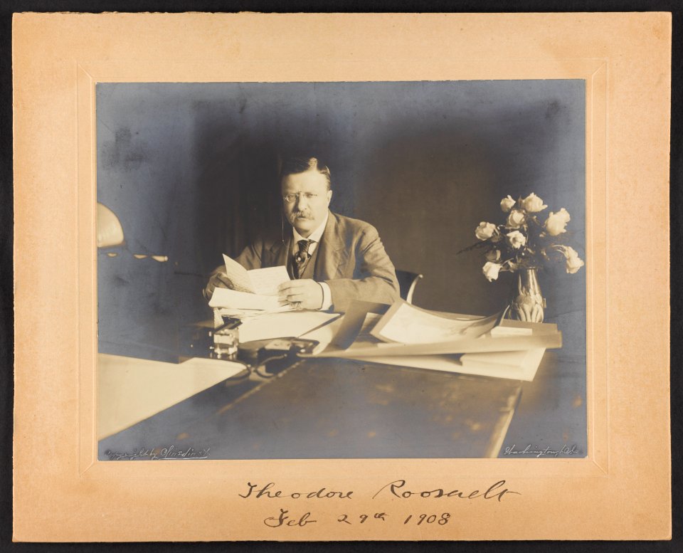 Theodore Roosevelt, seated at desk, roses in vase at right LCCN2013649631