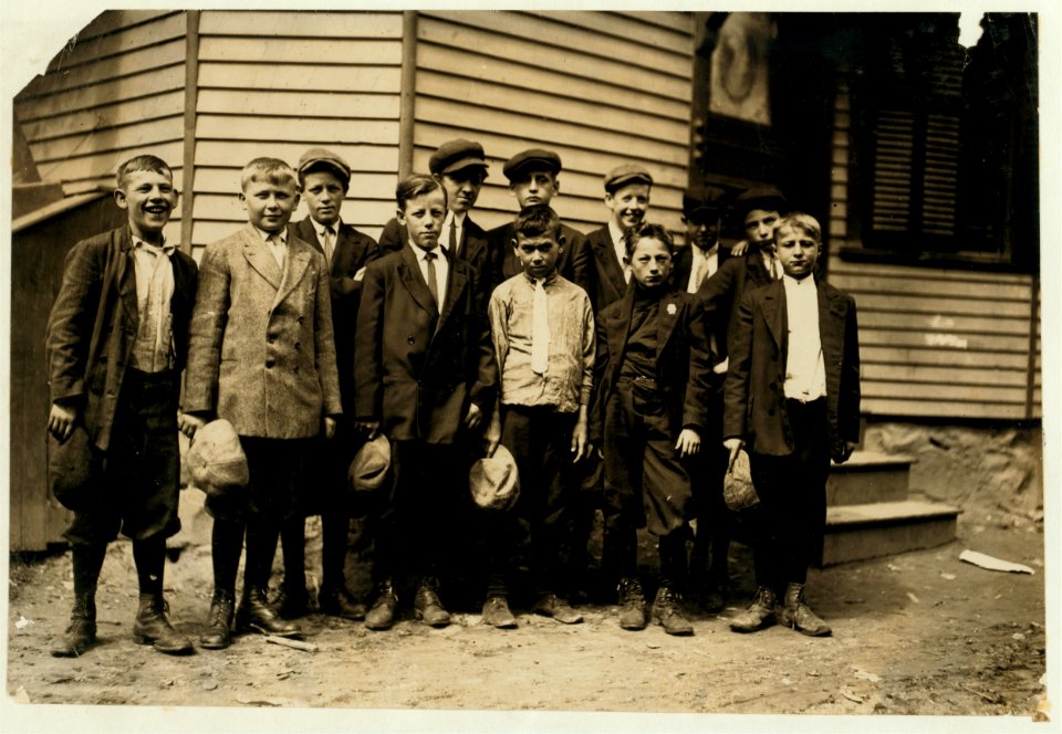 These boys all said they worked in the Everett Mill, another boy told me that the smallest boys do not work. There (sic) names are John Pickacki, 84 Union Street, smallest boy in the picture LOC nclc.02342