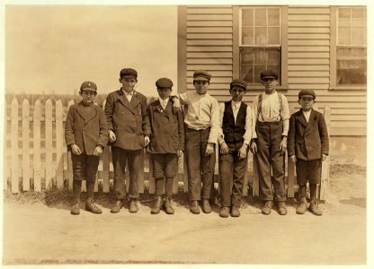 These are some of the sweepers and mule room boys working in Valley Queen Mill. River Point, R.I. Several of the smallest ones there said they had been working there 3 years and over. Speak LOC nclc.01686