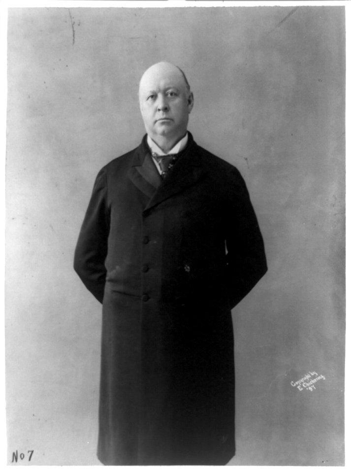 Thomas Brackett Reed, three-quarter length portrait, standing, facing left, wearing overcoat LCCN89706400