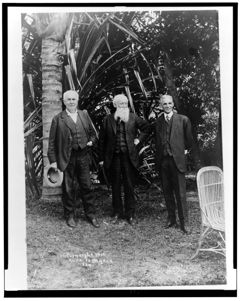 Thomas Edison, John Burroughs, and Henry Ford, full-length portrait, standing, facing front, at Edison's home in Ft. Myers, Florida LCCN2002706891