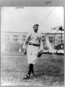 Thomas Gordon Seaton, baseball player with Brooklyn (Fed.), full-length portrait, standing, facing right, wearing baseball uniform, in Washington Park LCCN90706259