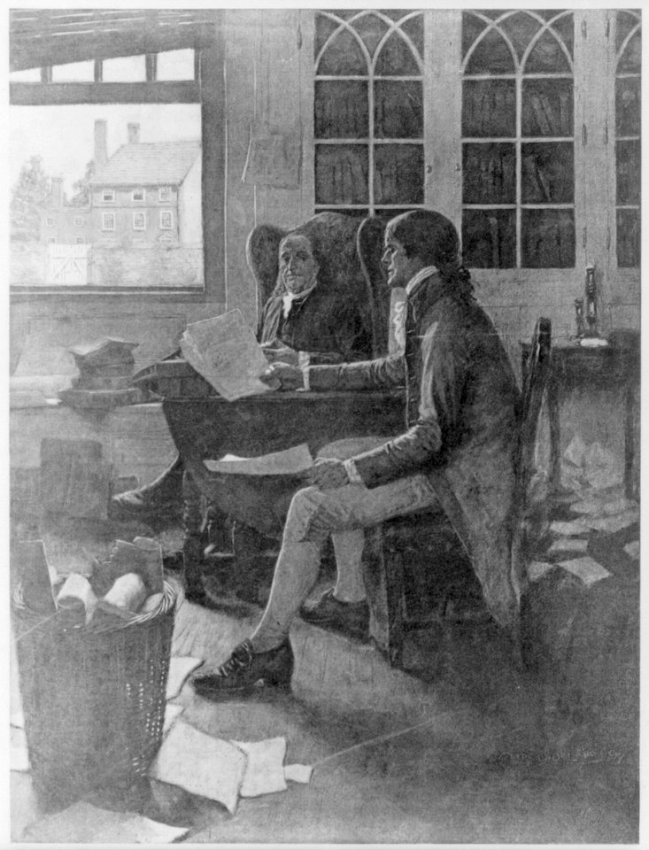 Thomas Jefferson, 1743, 1826, reading rough draft of Declaration of Independence to Benjamin Franklin LCCN2006687341