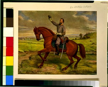 Thomas Jonathan Jackson, full-length portrait, on horseback, facing left, holding up hat in his right hand LCCN92514006
