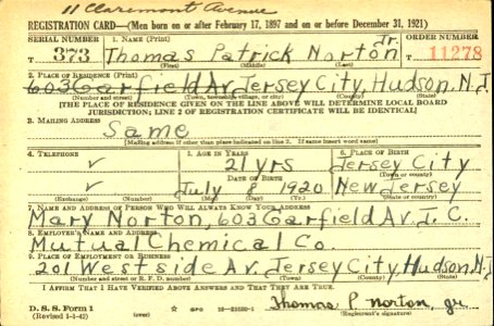 Thomas Patrick Norton II (1920-2011) WWII draft registration