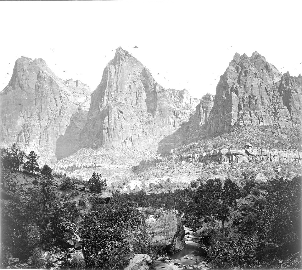 Zion National Park. The Three Patriarchs on the West side of Zion Canyon. - NARA - 517738
