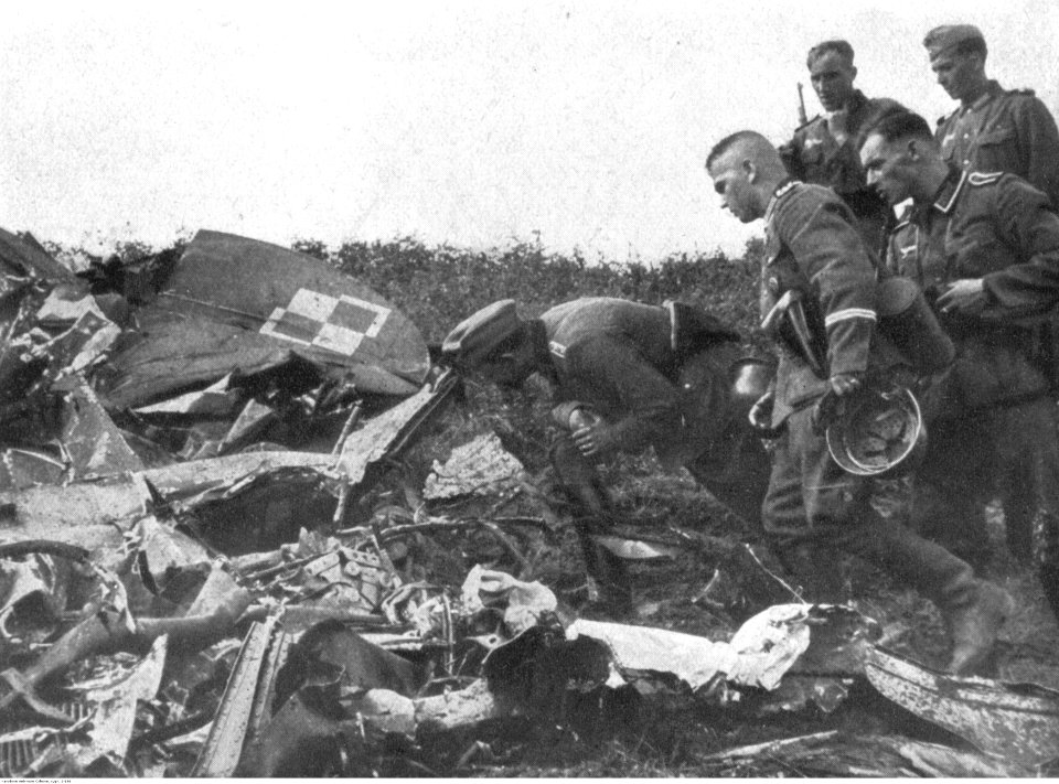 Żołnierze niemieccy oglądają zniszczony polski samolot (2-166)