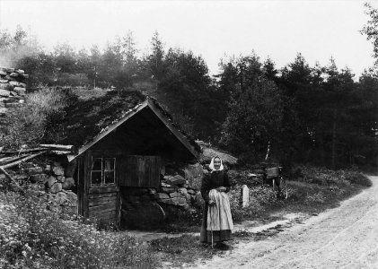 Äldre kvinna framför backstuga (jordstuga) - Nordiska Museet - NMA.0051913 photo