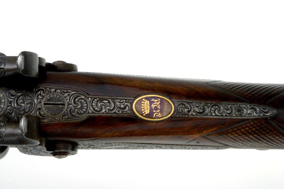 Ägarmonogram slaglåsdubbelbössa F Nowak - Livrustkammaren - 6872