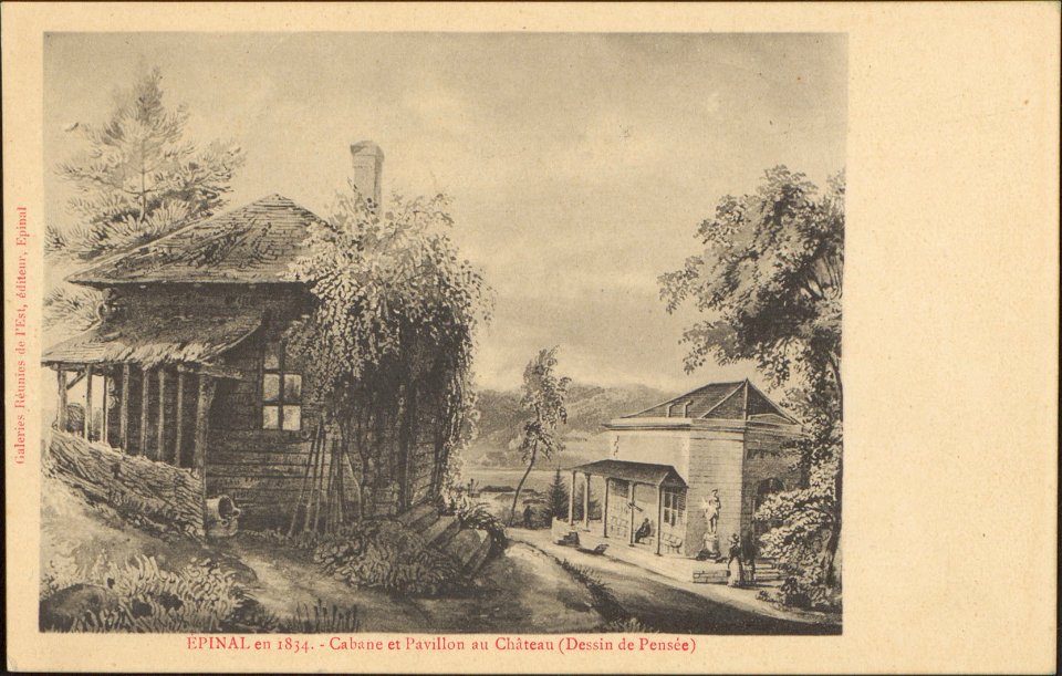 Épinal en 1834, Cabane et Pavillon au Château (Dessin de Pensée) CP 0237 PsurR
