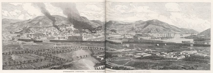 Événements d'Espagne, vue générale de Carthagéne, de Vierge