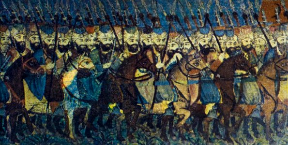 İkinci mərtəbə mərkəzi zalın frizində döyüş səhnəsi (nizəli atlılar)