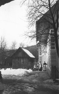 Ženski pred hišo, okolica Bohinja 1913